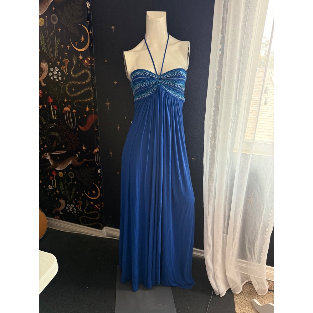 Cache Blue Embroidered Smocked Halter Maxi Dress Women Large Boho Summer Resort